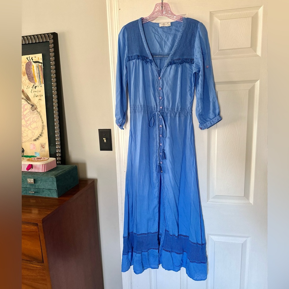 Blue Boho Long Sleeve Maxi Dress